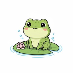 Naklejka premium Cute cartoon frog sitting on a green lily pad with a pink lotus flower