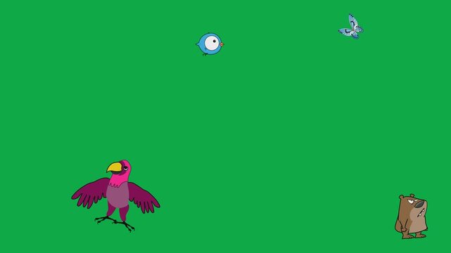 Cute bluebird, bug, purple, and beaver cartoon loops 2d cartoon animated character on green screen chroma key background with  loop cycle illustration animation.A robust selection of isolated visual