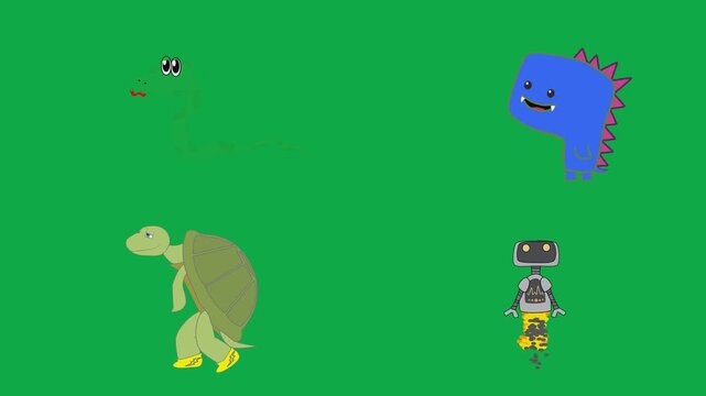 Swimming turtle, eyes, dino, and bot animated shapes 2d cartoon animated character on green screen chroma key background with  loop cycle illustration animation.Ideal bundle of transparent motion