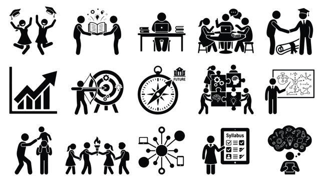 Education and career success icons set. Graduation, learning, teamwork, mentorship, goal setting, and growth. Black flat stick figure pictograms icon illustrations.