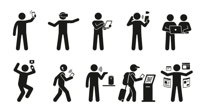 People interacting with modern technology and smart devices icons set. Stick figure silhouettes using smartphone, VR, tablet, laptop, smartwatch and QR code kiosk.