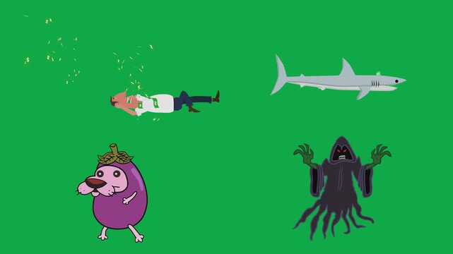 Floating sleeper, shark, reaper, and floating scenes 2d cartoon animated character on green screen chroma key background with  loop cycle illustration animation.Brilliant transparent graphic