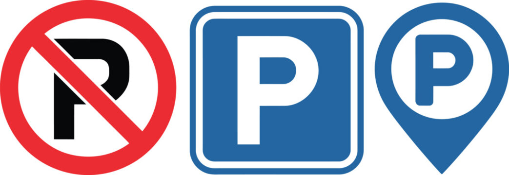 Parking lot signage including no parking and location markers for traffic and navigation
