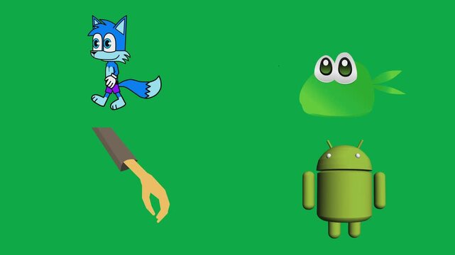 Animated fox, slime, fork, and android loop objects 2d cartoon animated character on green screen chroma key background with  loop cycle illustration animation.Enhance your creative digital