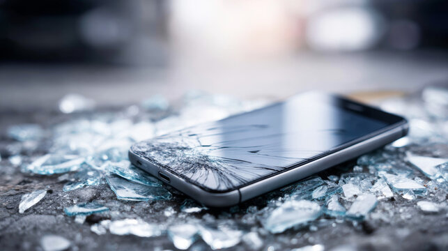 Broken smartphone with shattered glass screen lying on rough ground, showing damage, accident, and technology failure