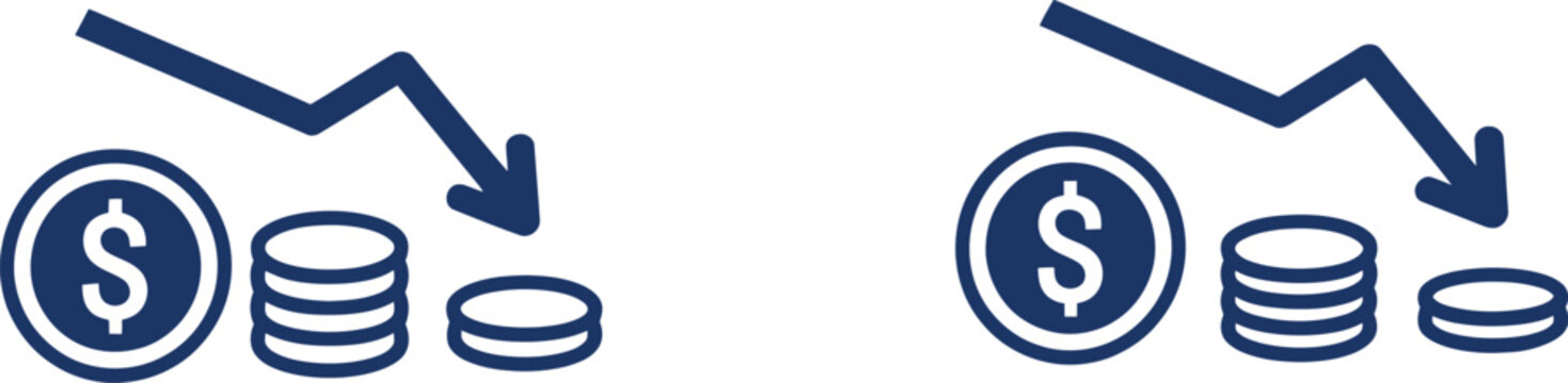 Blue financial showing stacks of dollar coins with downward trending arrows on white