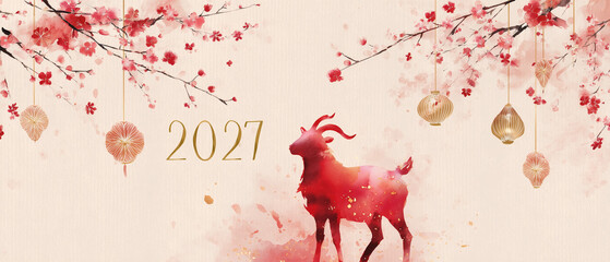 Naklejka premium Watercolor illustration of goat symbolizing Lunar New Year 2027 