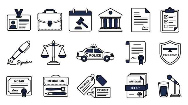 Legal and justice system icons set. Law enforcement, court proceedings, and legal document symbols. Thin line art icons for lawyer, police, and courtroom services.