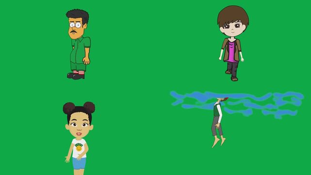 Deep thinker, boy, yoga, and catcher loop animations 2d cartoon animated character on green screen chroma key background with  loop cycle illustration animation.Premium isolated motion graphics