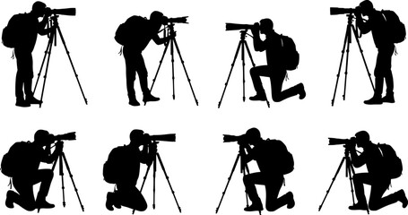 Silhouette set of professional nature photographers with backpacks using cameras on tripods in various standing and kneeling outdoor shooting poses. © Delowara