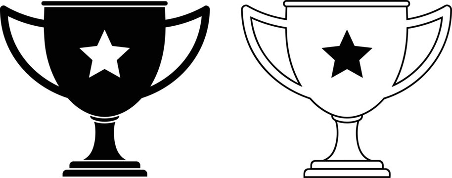 Vector illustration of a winner trophy cup with a star symbol, featuring both black silhouette and technical line art versions.