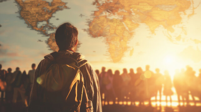 Traveler contemplating world map, planning future journey, facing crowd in golden sunset light for global adventure