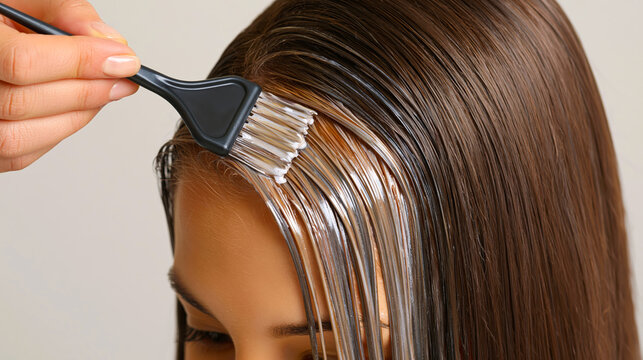 Stylist applying complex hair color treatment on brunette model
