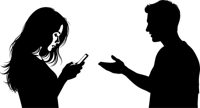 Silhouette of a young woman looking at her smartphone while a man tries to talk to her, representing communication barriers.