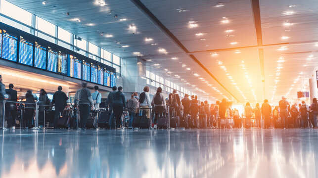Airport passengers lining up at departure gate, waiting for boarding under flight information displays at sunset