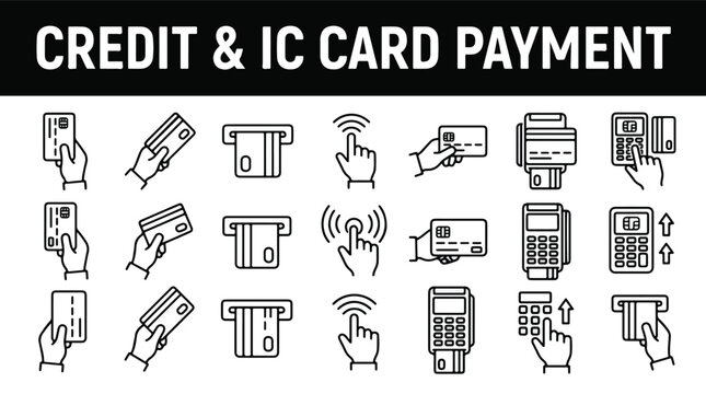 IC card and credit card payment icons set. Contactless NFC payment, POS terminal, ATM card slot, hand holding card and keypad PIN entry. Thin line editable stroke art.