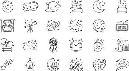 Vector icons for sleep and dreams: moon stars bed telescope dreamcatcher alarm clock with shooting star © RINA
