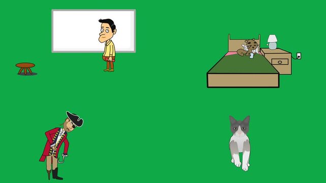 Class whiteboard, bed, bucaneer, and feline features 2d cartoon animated character on green screen chroma key background with  loop cycle illustration animation.Useful transparent looping sequences