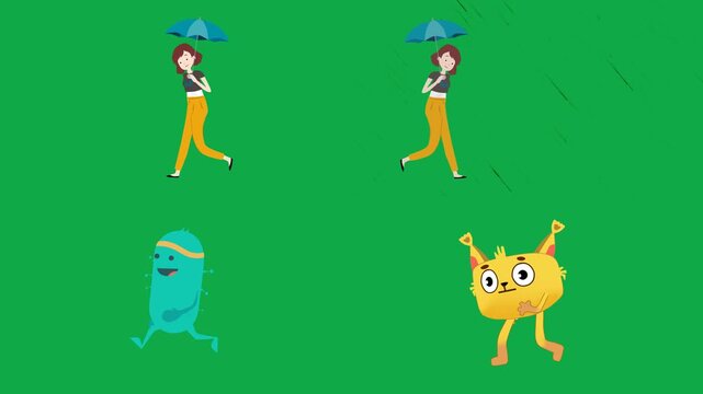 Rain umbrella, weather, bean, and yellow figure set 2d cartoon animated character on green screen chroma key background with  loop cycle illustration animation.Impressive loopable graphic items