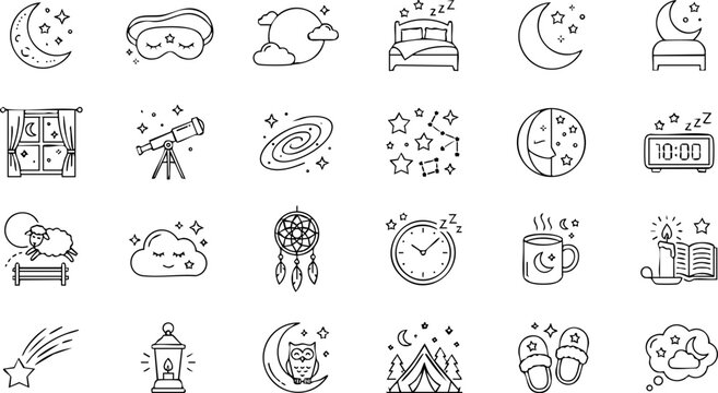 Vector icons for sleep and dreams: moon stars bed telescope dreamcatcher alarm clock with shooting star