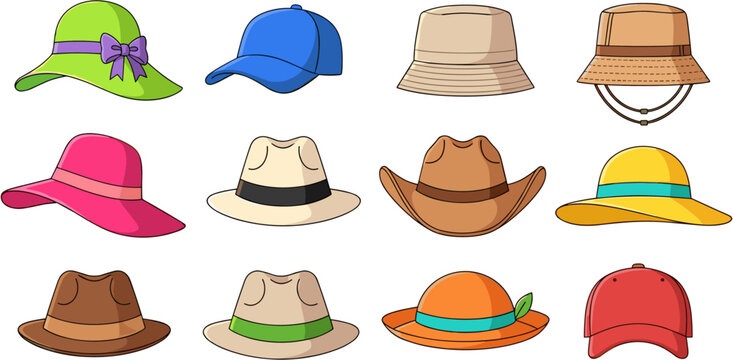 Collection of colorful vector cartoon hats including baseball caps, summer sun hats, bucket hats, fedoras, and cowboy hat design illustration.