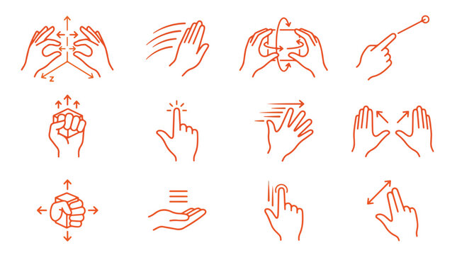 Hand gesture and motion control icons set for VR and AR. Swiping, pinching, rotating, and tapping movements. Thin line orange editable stroke art for user interface.
