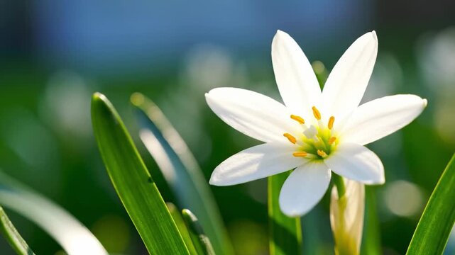 Delicate white rain lily flower in sunlight with green foliage