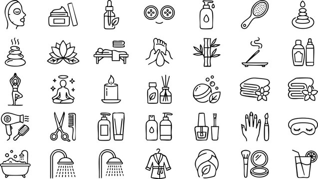 Spa and wellness icons vector illustration massage table hair dryer nail polish sleep mask wellness