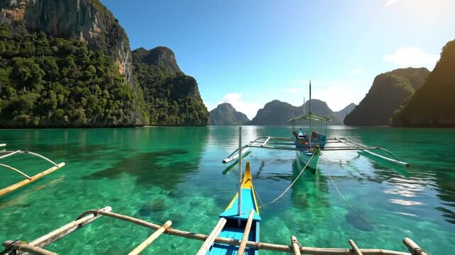 Scenic perspective from a colorful outrigger boat gliding through turquoise water with majestic islands in the distance