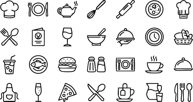 Food and drink icons: chef hat cutlery wine glass bowl burger pizza tea cup coffee apron pitcher bread fish