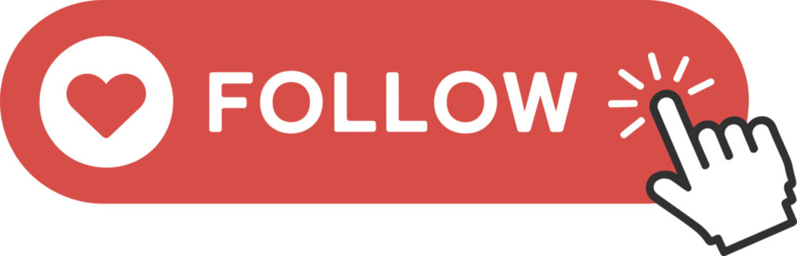Red follow button with a heart and a clicking hand cursor on a white background