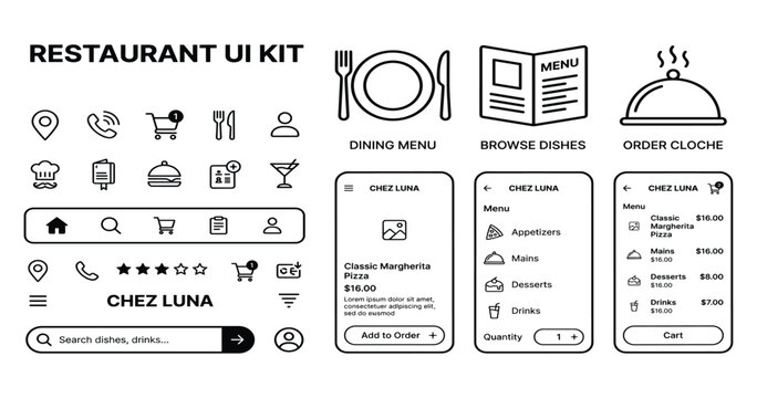 Restaurant UI kit with icons, mobile app screens for menu and ordering food.