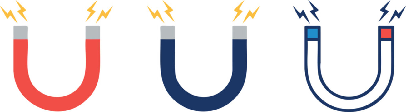 Three u-shaped magnet with lightning bolts in red and blue on white background