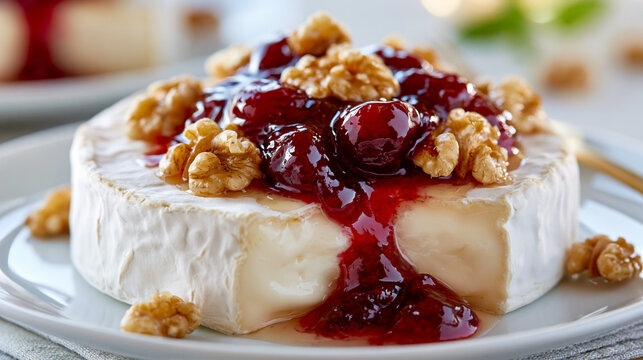 Brie cheese topped with cherry jam and caramelized nuts on plate  