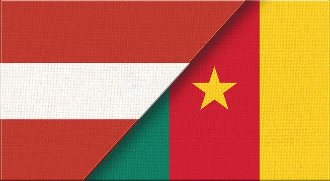 Double Flag Austria and Cameroon on Fabric Texture.Austrian and Cameroonian flag