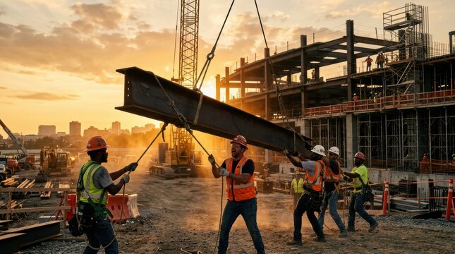Construction workers lifting steel beam at building site during sunset