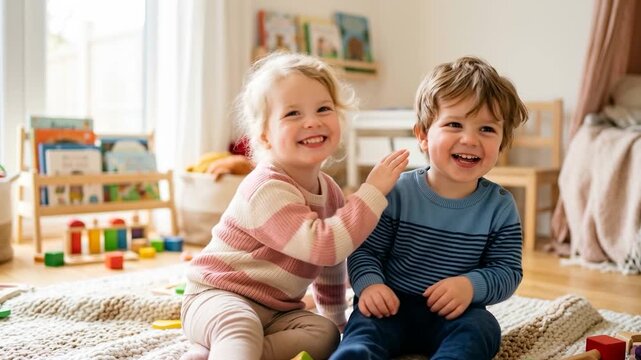 Happy toddlers playing together indoors, sharing joyful moments of friendship, laughter, and early childhood learning at home.
