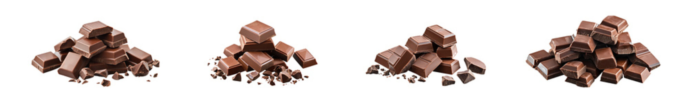 Set of Pile of broken chocolate pieces and chunks scattered on transparent background. png