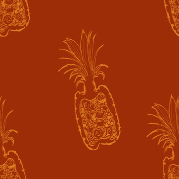 Seamless Thai Food Pattern - Hand Drawn Pineapple Fried Rice Illustration on Terracotta Background