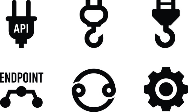 API endpoint and software integration icons set isolated on white background black silhouette collection for developer workflow and system connectivity