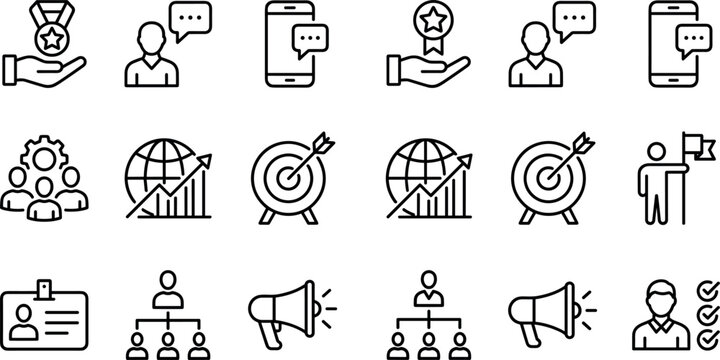 Business management and marketing icon set featuring thin line symbols for strategy achievement and leadership