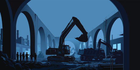 Heavy Construction Excavator Under Urban Bridge Vector Illustration © Janani