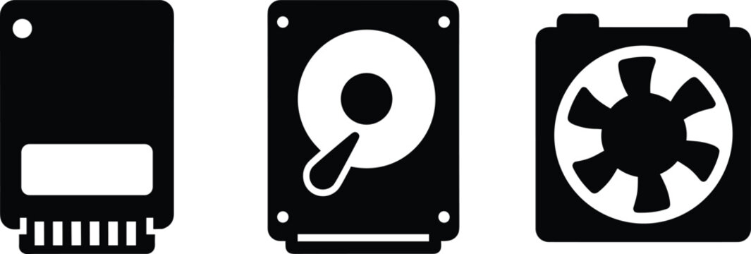 Computer storage and cooling hardware icons set isolated on white background black silhouette collection for PC components and technology systems