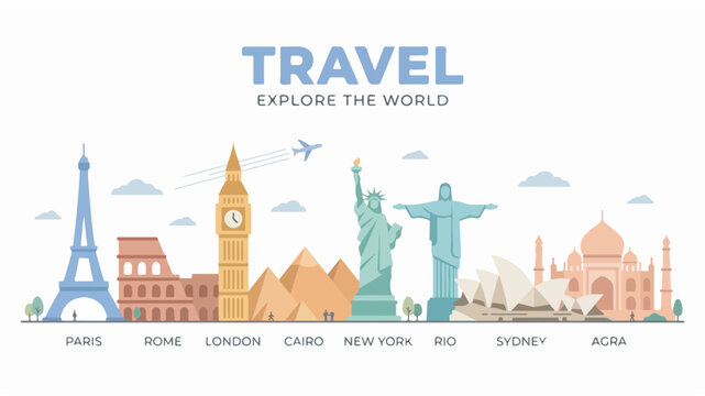 A vibrant illustration showcasing iconic global landmarks against a clear sky, symbolizing world travel and exploration.