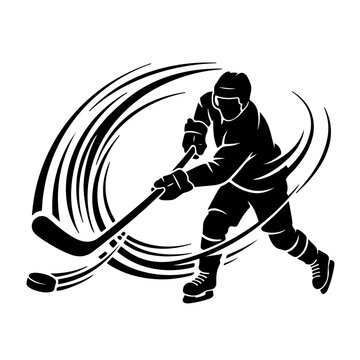 Dynamic ice hockey slapshot icon featuring a stick in motion with curved action lines, capturing a powerful strike in a clean black and white silhouette.
 
 