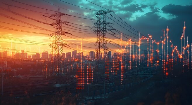 Energy grid silhouette with glowing city lights at dusk photo