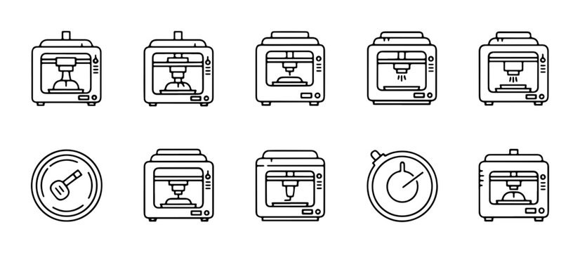 3D Printer Icons, Additive Manufacturing Technology, Digital Fabrication Tools, Prototyping Equipment, Vector Set
