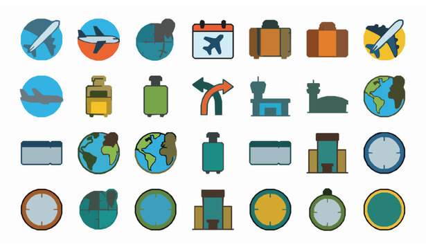 Modern travel and airplane icons with globe calendar and navigation elements for tourism and flight graphics