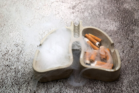Lung shaped ashtray showing cigarette butts and smoke