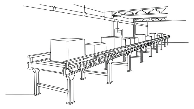 continuous line art Conveyor belt system with boxes in factory.